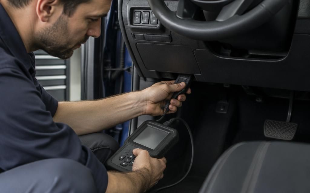 Technician connecting a scan tool to a vehicle's OBD-II port